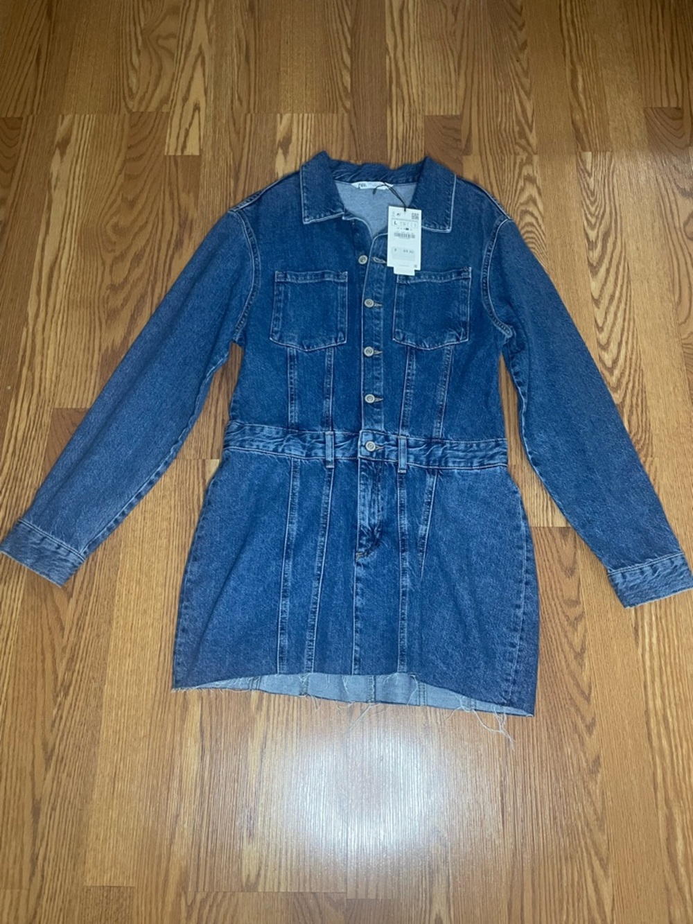 Zara Denim Shirt Dress NWT Size L Button Front Belted Raw Hem Mini 👖✨ - Picture 5 of 10